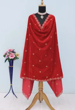 Embroidered Velvet Scalloped Dupatta in Red