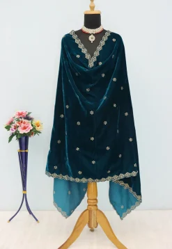 Embroidered Velvet Scalloped Dupatta in Teal Blue