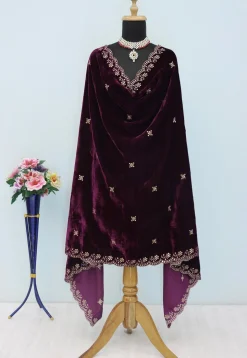 Embroidered Velvet Scalloped Dupatta in Purple