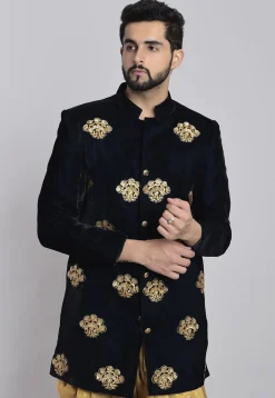 Embroidered Velvet Sherwani in Navy Blue