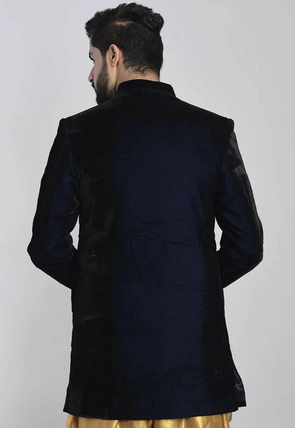 Embroidered Velvet Sherwani in Navy Blue