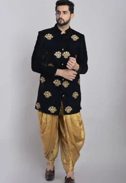 Embroidered Velvet Sherwani in Navy Blue