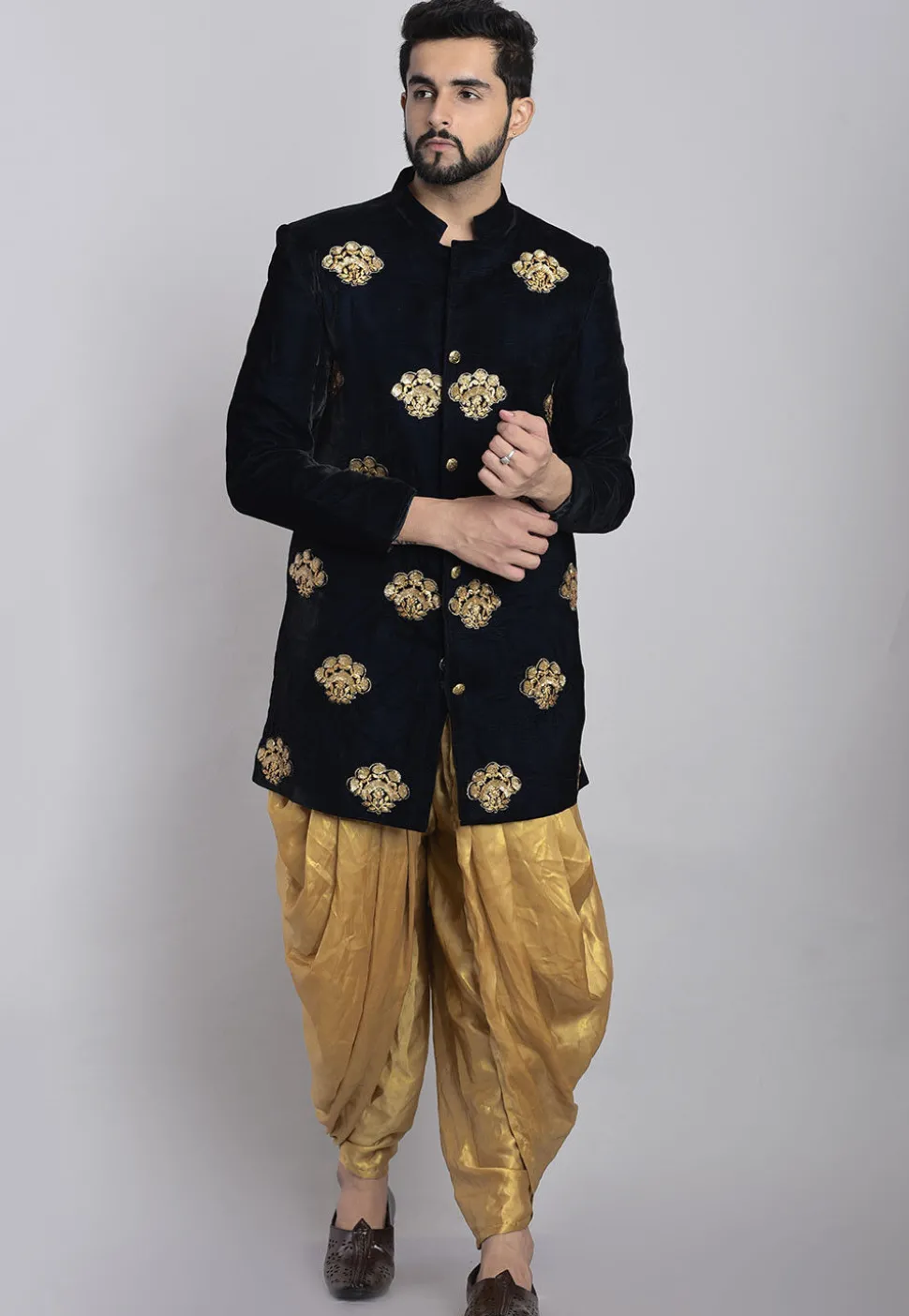 Embroidered Velvet Sherwani in Navy Blue