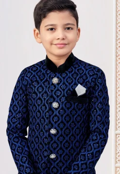 Embroidered Velvet Sherwani in Blue and Black