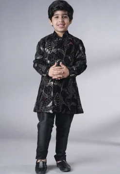 Embroidered Velvet Sherwani Set in Black