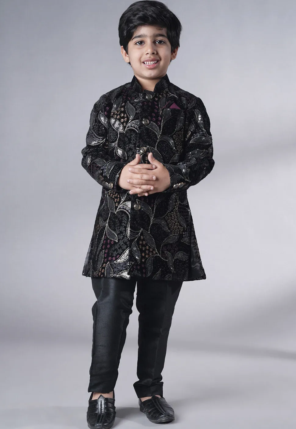 Embroidered Velvet Sherwani Set in Black