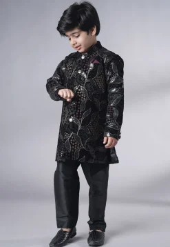 Embroidered Velvet Sherwani Set in Black
