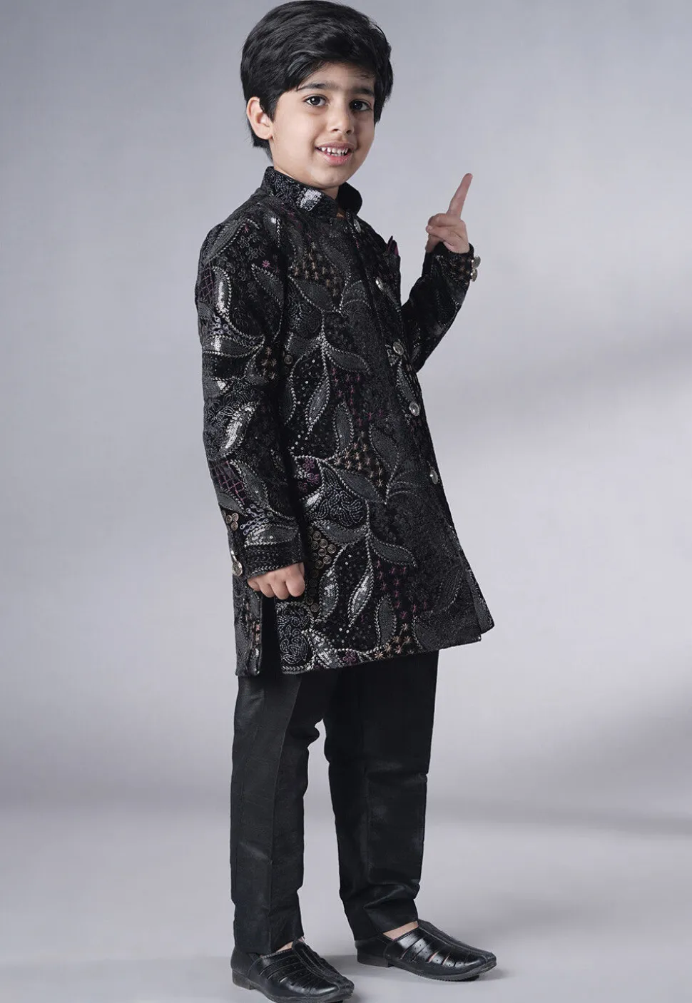 Embroidered Velvet Sherwani Set in Black
