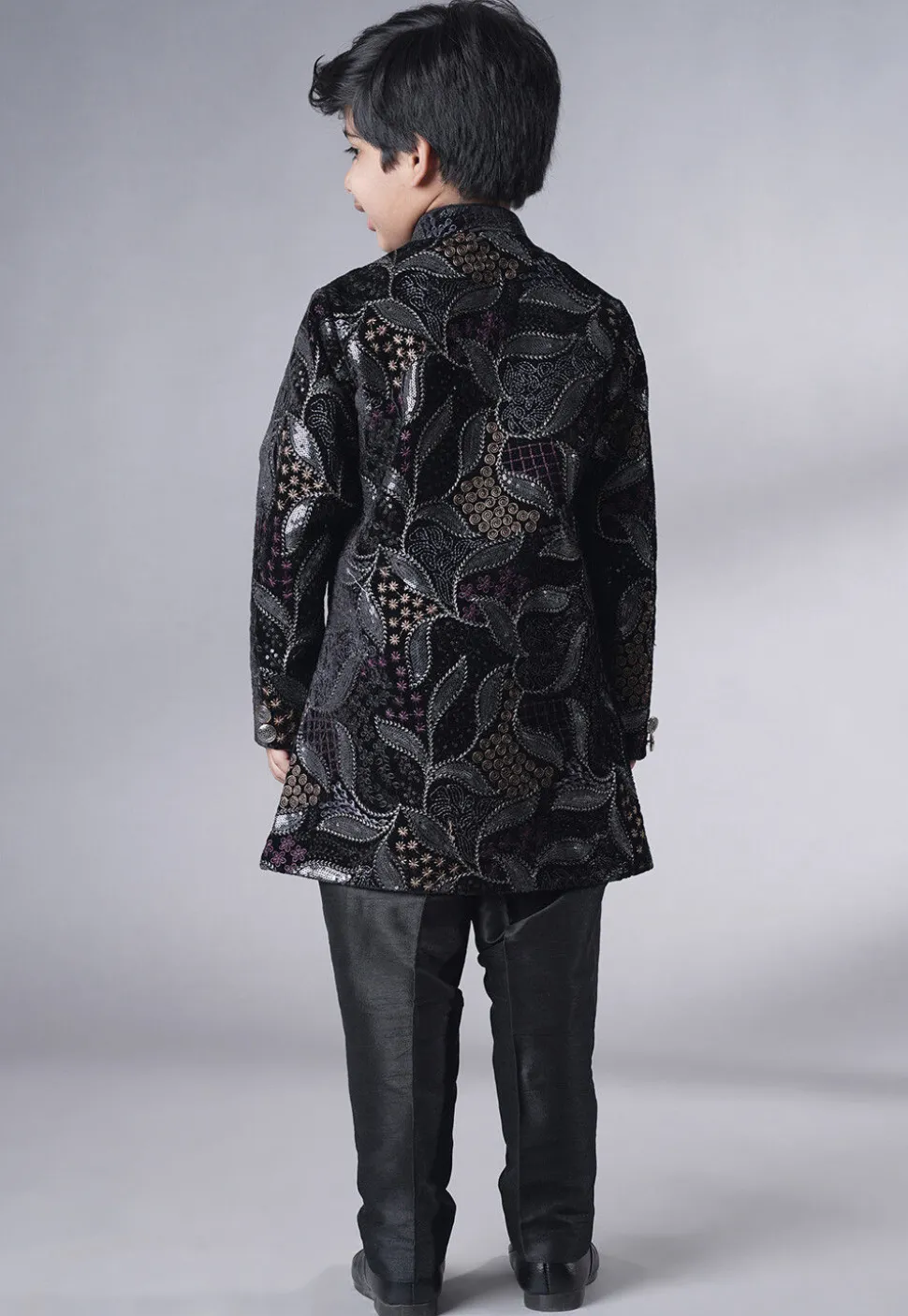 Embroidered Velvet Sherwani Set in Black