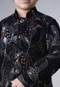 Embroidered Velvet Sherwani Set in Black
