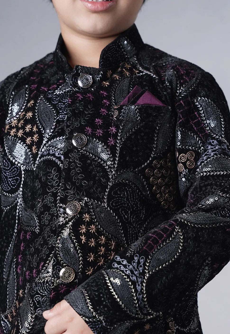 Embroidered Velvet Sherwani Set in Black