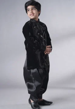 Embroidered Velvet Sherwani Set in Black