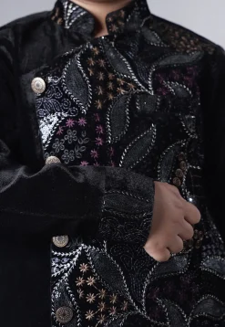 Embroidered Velvet Sherwani Set in Black