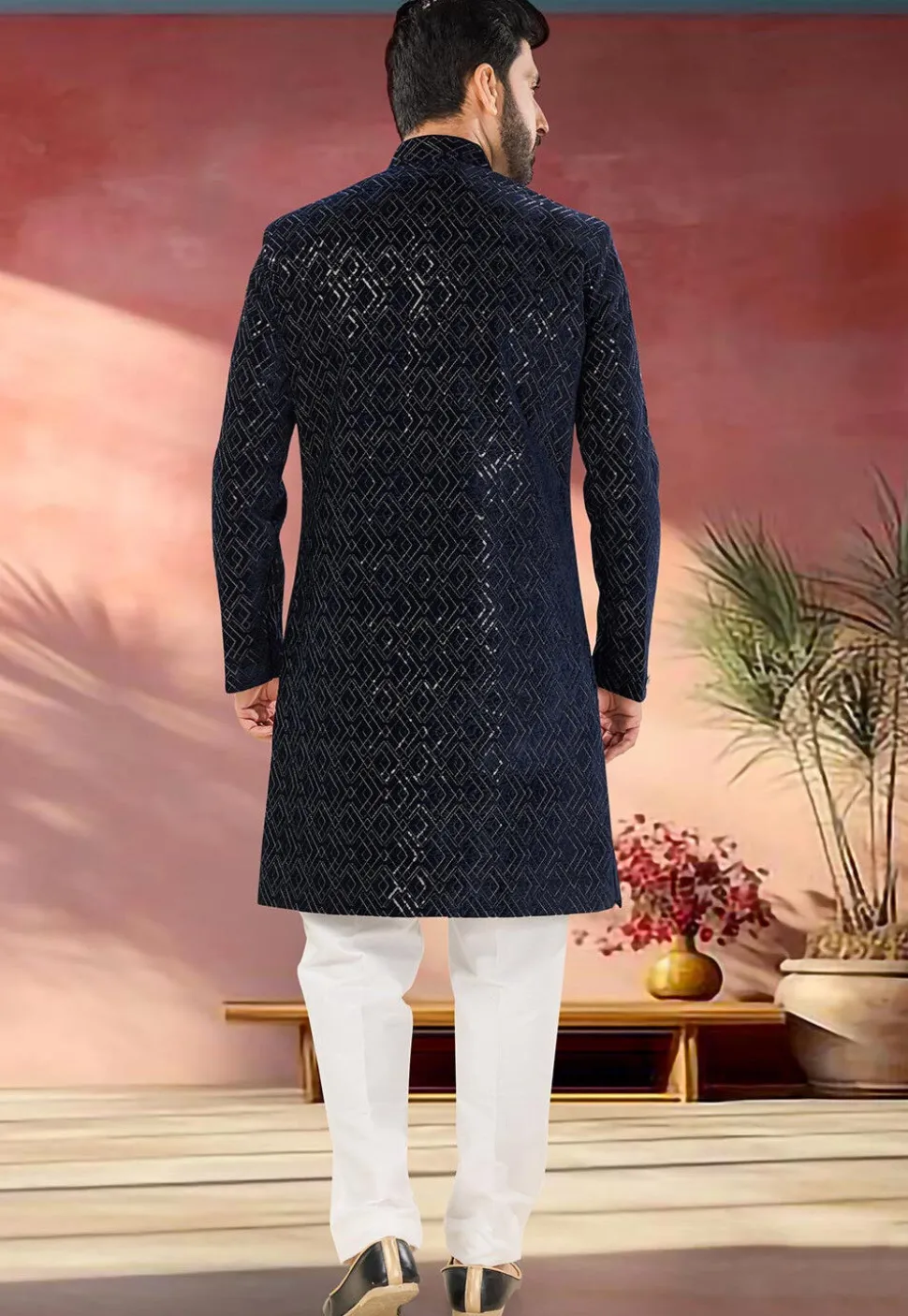 Embroidered Velvet Sherwani in Navy Blue