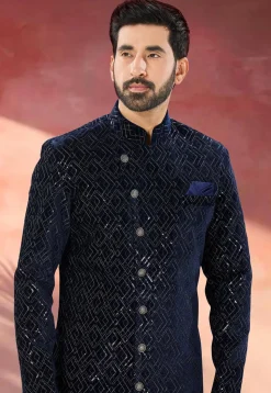 Embroidered Velvet Sherwani in Navy Blue