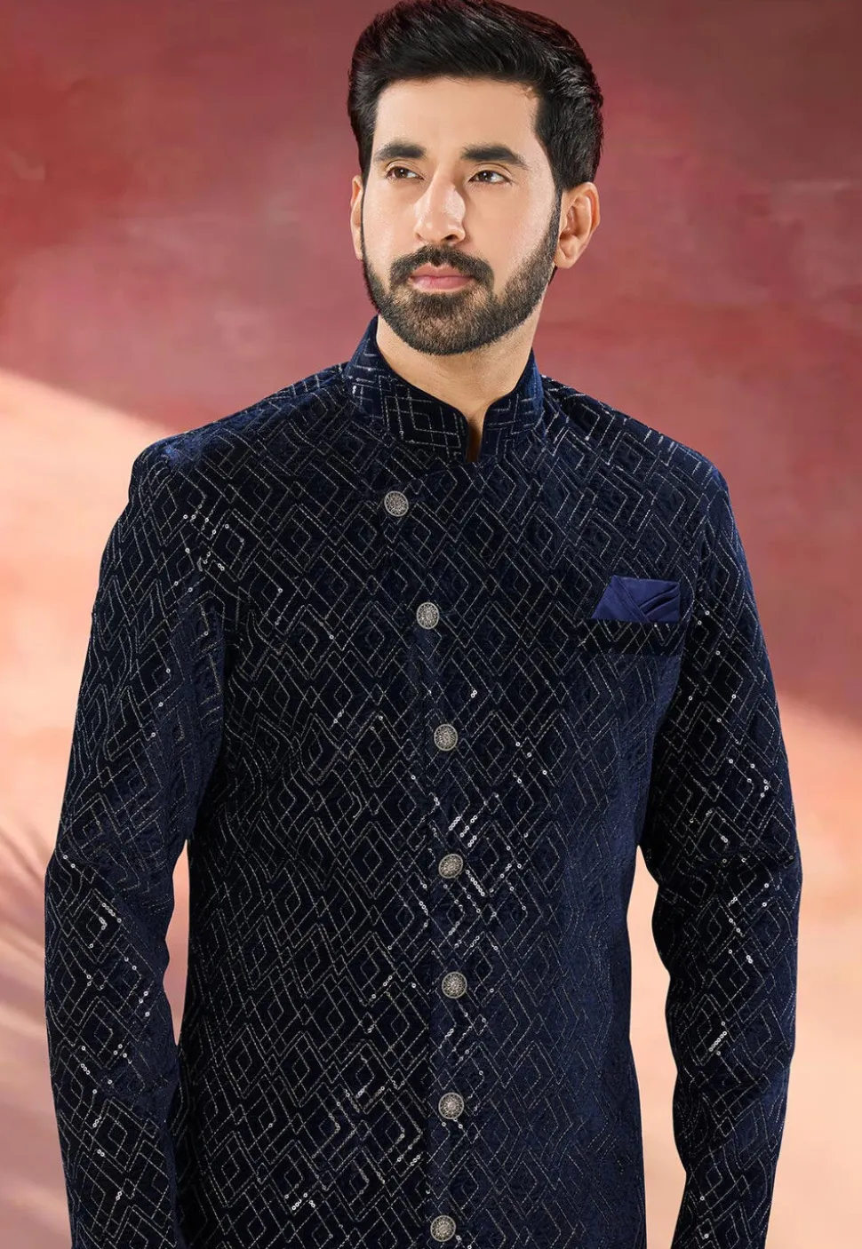 Embroidered Velvet Sherwani in Navy Blue