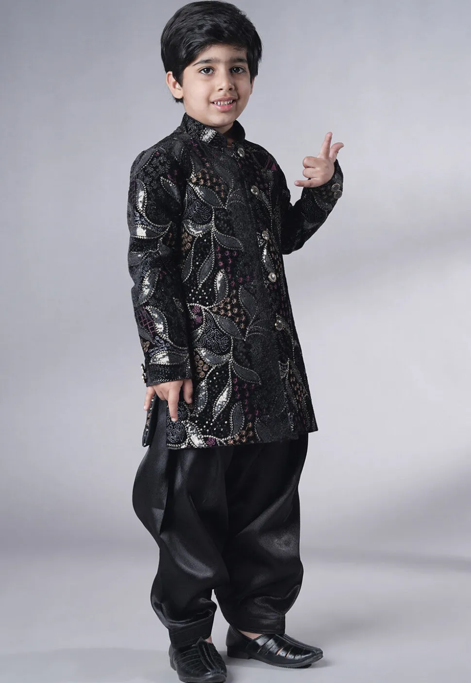 Embroidered Velvet Sherwani Set in Black