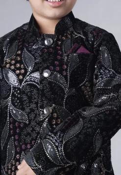 Embroidered Velvet Sherwani Set in Black