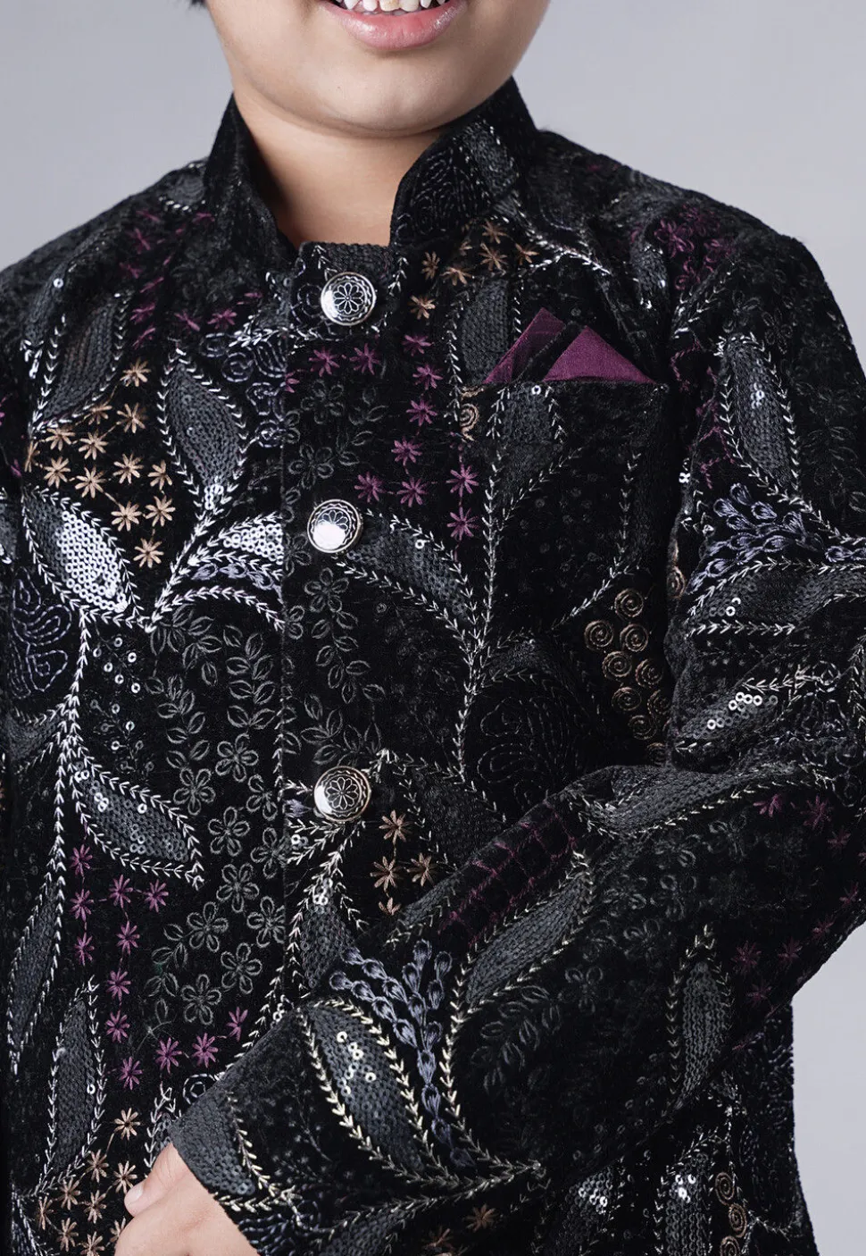 Embroidered Velvet Sherwani Set in Black