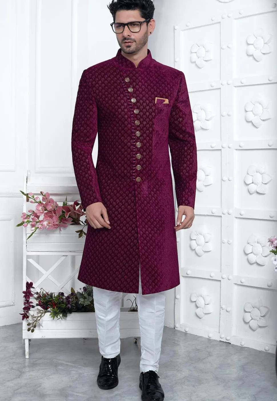 Embroidered Velvet Sherwani in Magenta