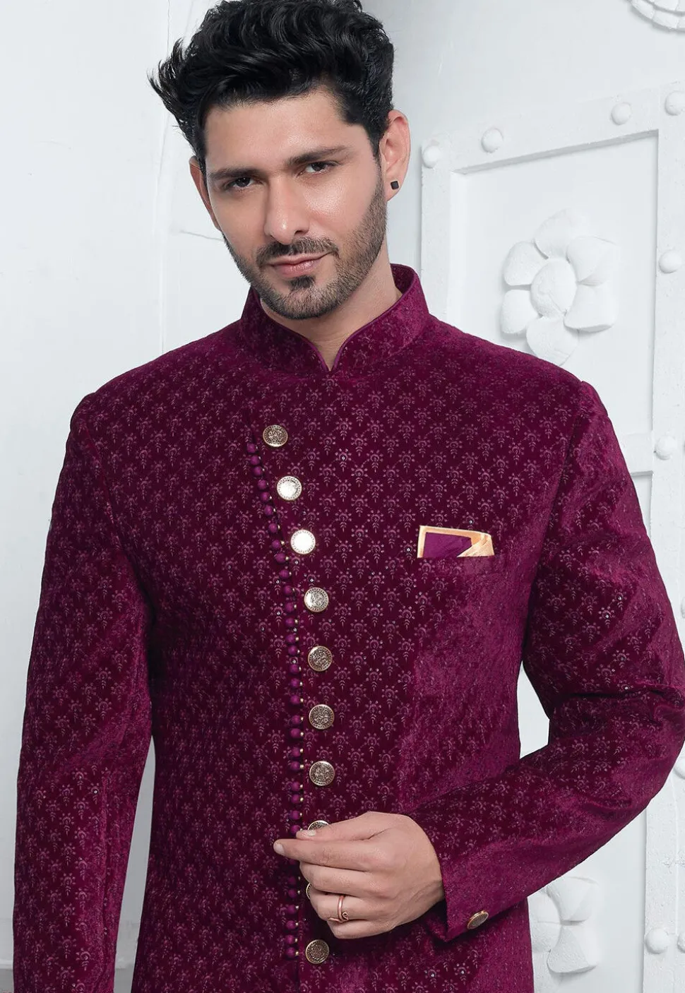 Embroidered Velvet Sherwani in Magenta
