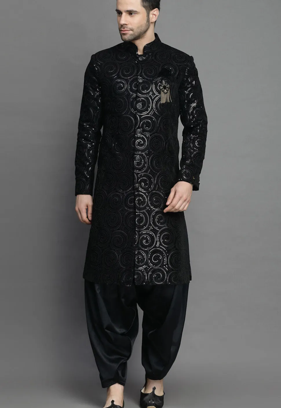 Embroidered Velvet Sherwani in Black