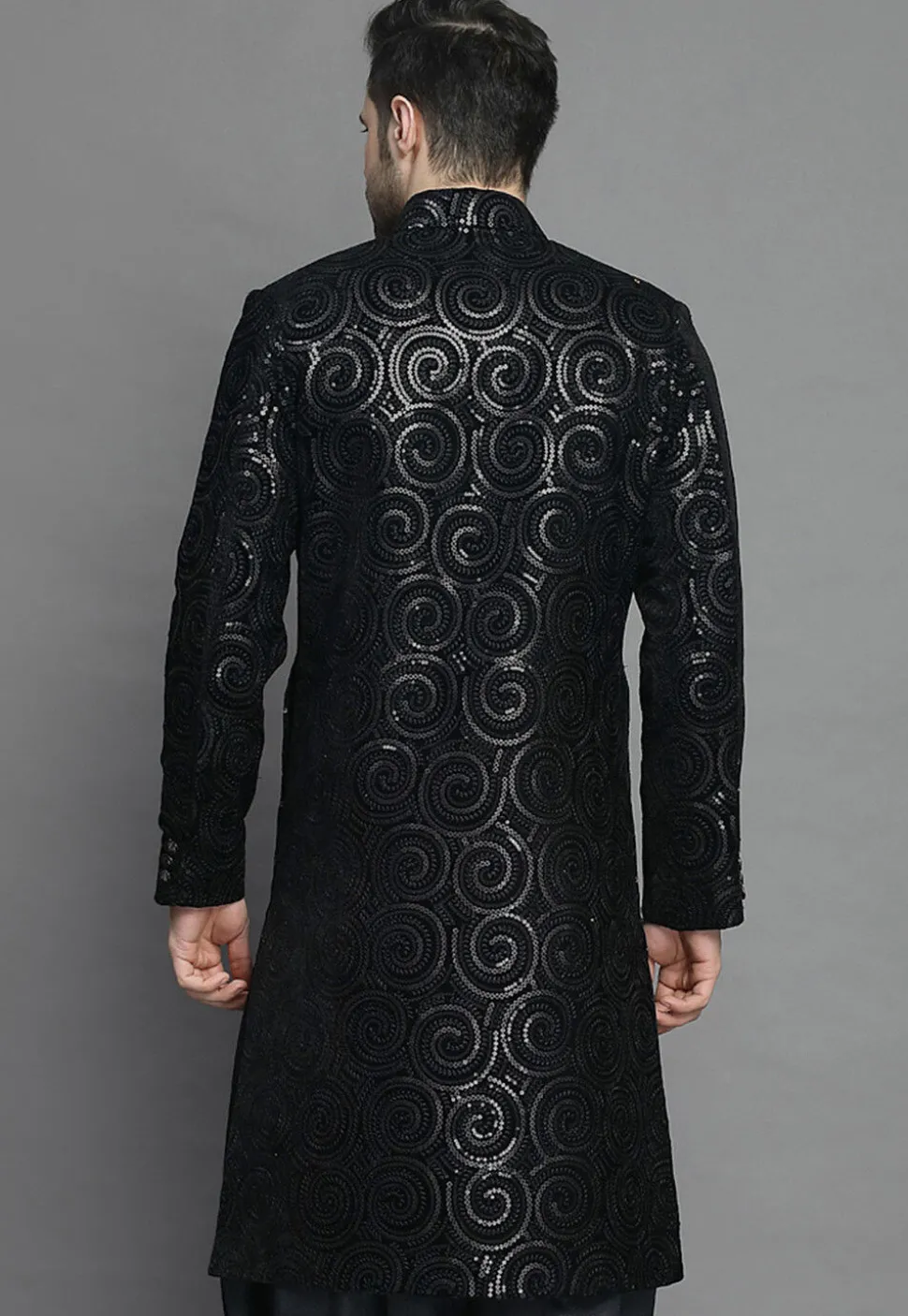 Embroidered Velvet Sherwani in Black