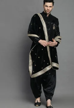 Embroidered Velvet Sherwani in Black