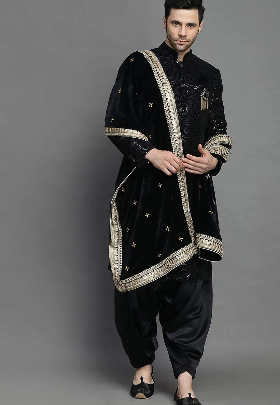 Embroidered Velvet Sherwani in Black