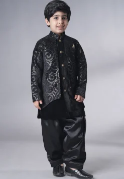 Embroidered Velvet Sherwani Set in Black