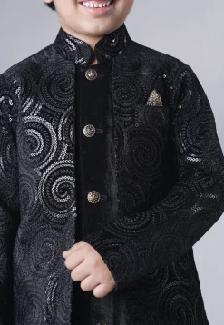 Embroidered Velvet Sherwani Set in Black