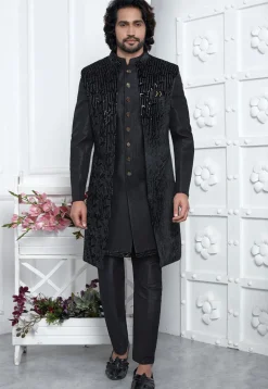 Embroidered Velvet Sherwani in Black