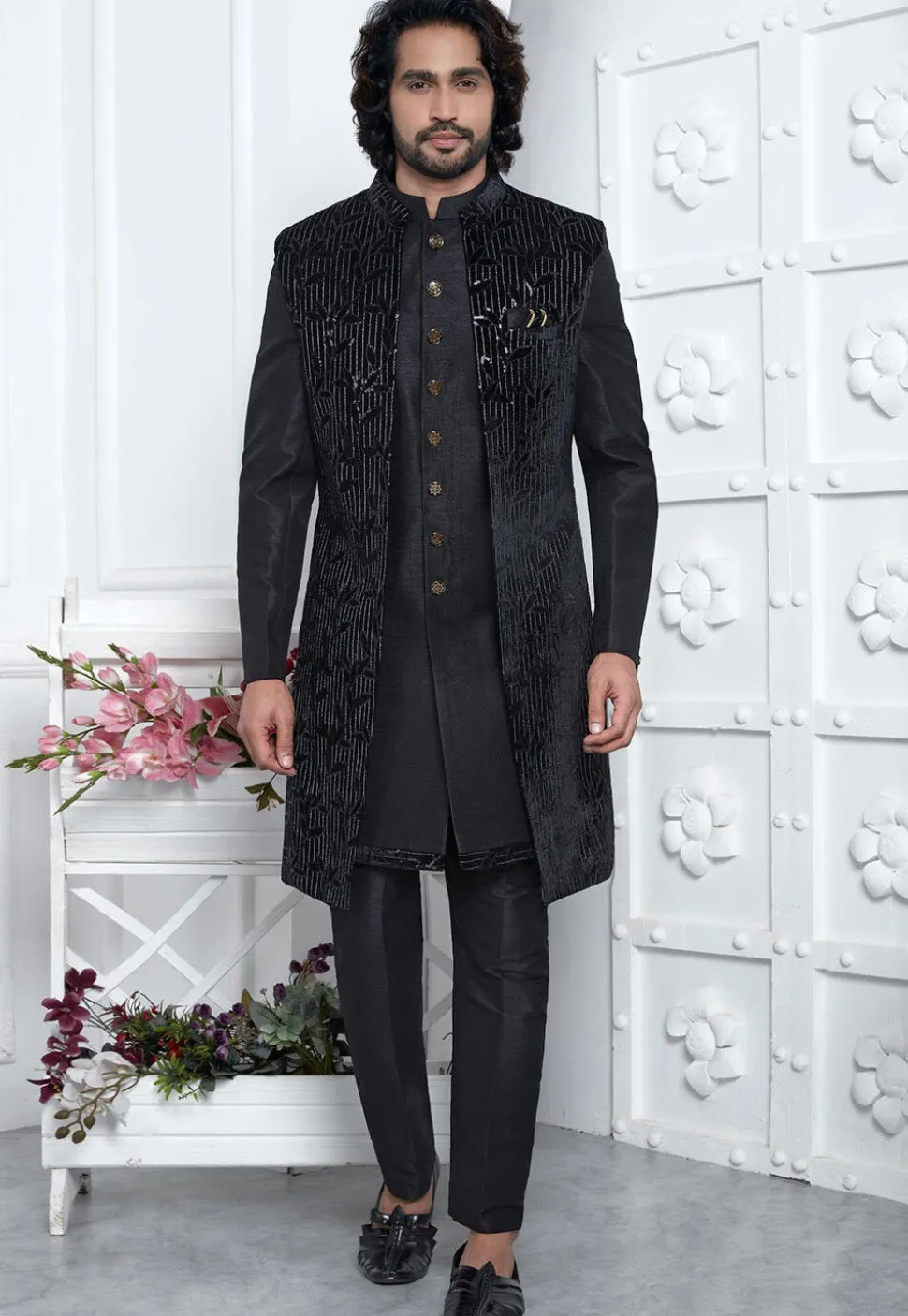Embroidered Velvet Sherwani in Black