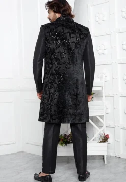Embroidered Velvet Sherwani in Black