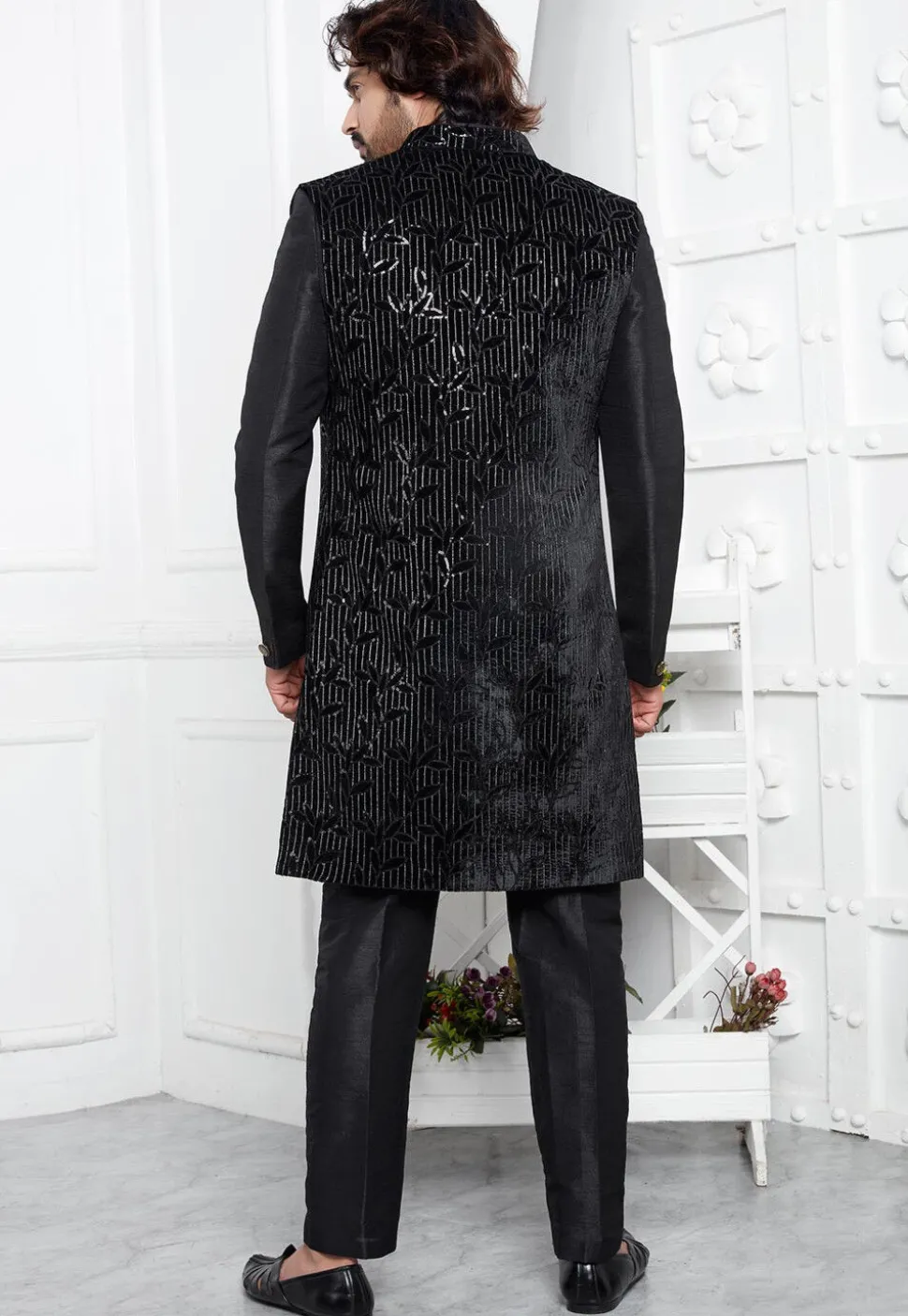 Embroidered Velvet Sherwani in Black