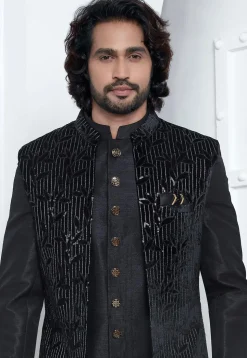 Embroidered Velvet Sherwani in Black