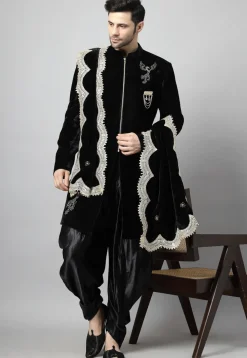 Embroidered Velvet Sherwani in Black