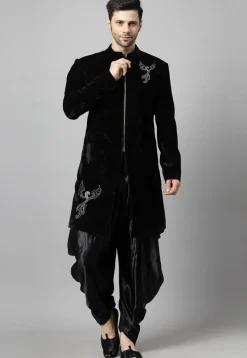 Embroidered Velvet Sherwani in Black