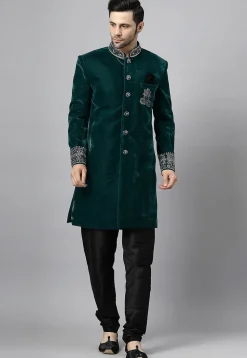 Embroidered Velvet Sherwani in Dark Teal Green