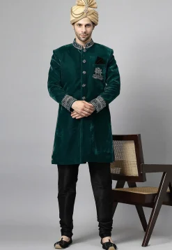Embroidered Velvet Sherwani in Dark Teal Green