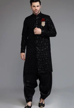 Embroidered Velvet Sherwani in Black