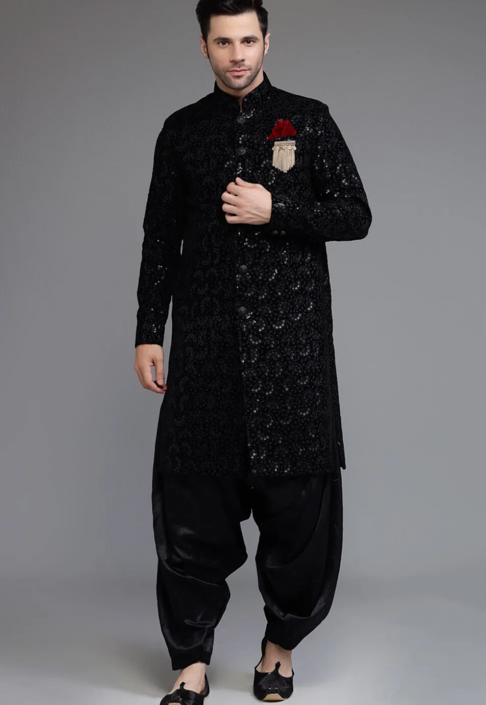 Embroidered Velvet Sherwani in Black