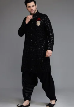 Embroidered Velvet Sherwani in Black