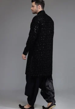 Embroidered Velvet Sherwani in Black