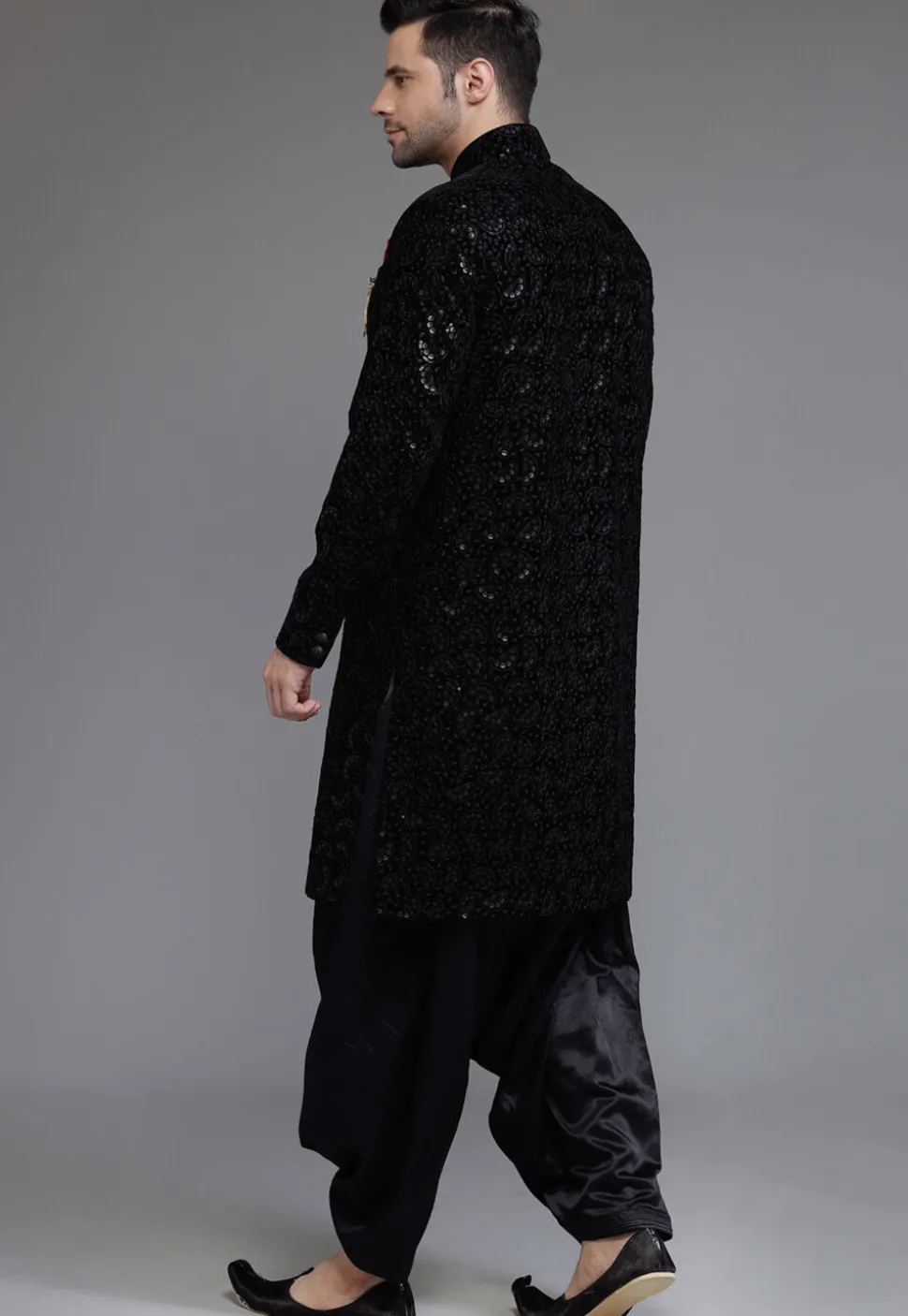 Embroidered Velvet Sherwani in Black