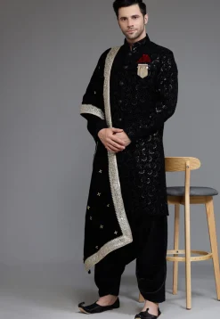 Embroidered Velvet Sherwani in Black