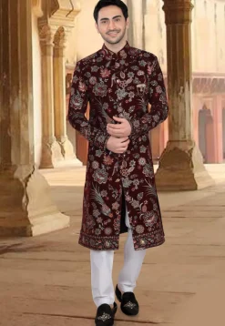 Embroidered Velvet Sherwani in Maroon