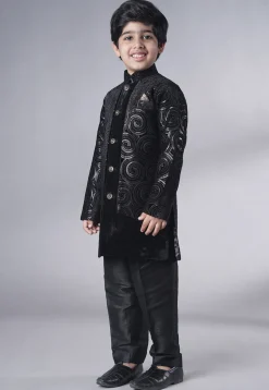 Embroidered Velvet Sherwani Set in Black