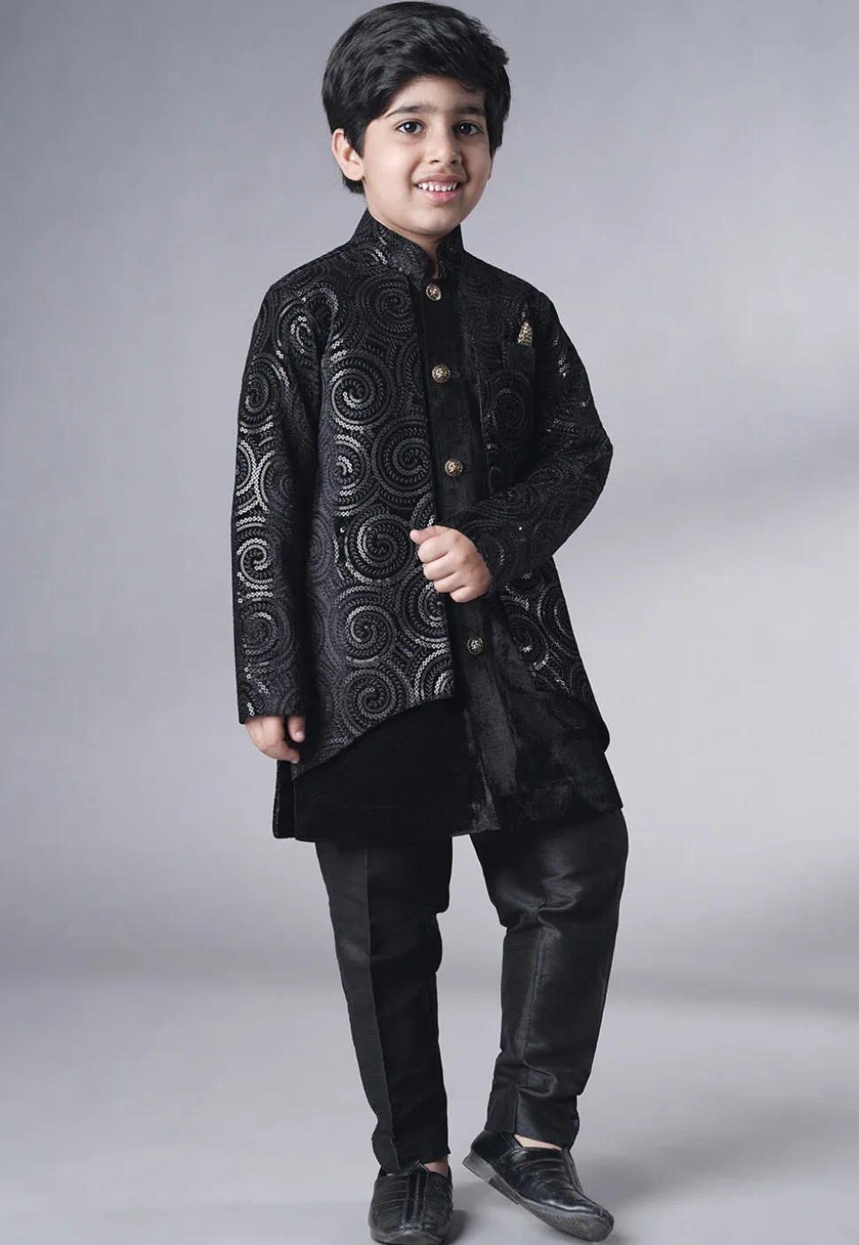 Embroidered Velvet Sherwani Set in Black