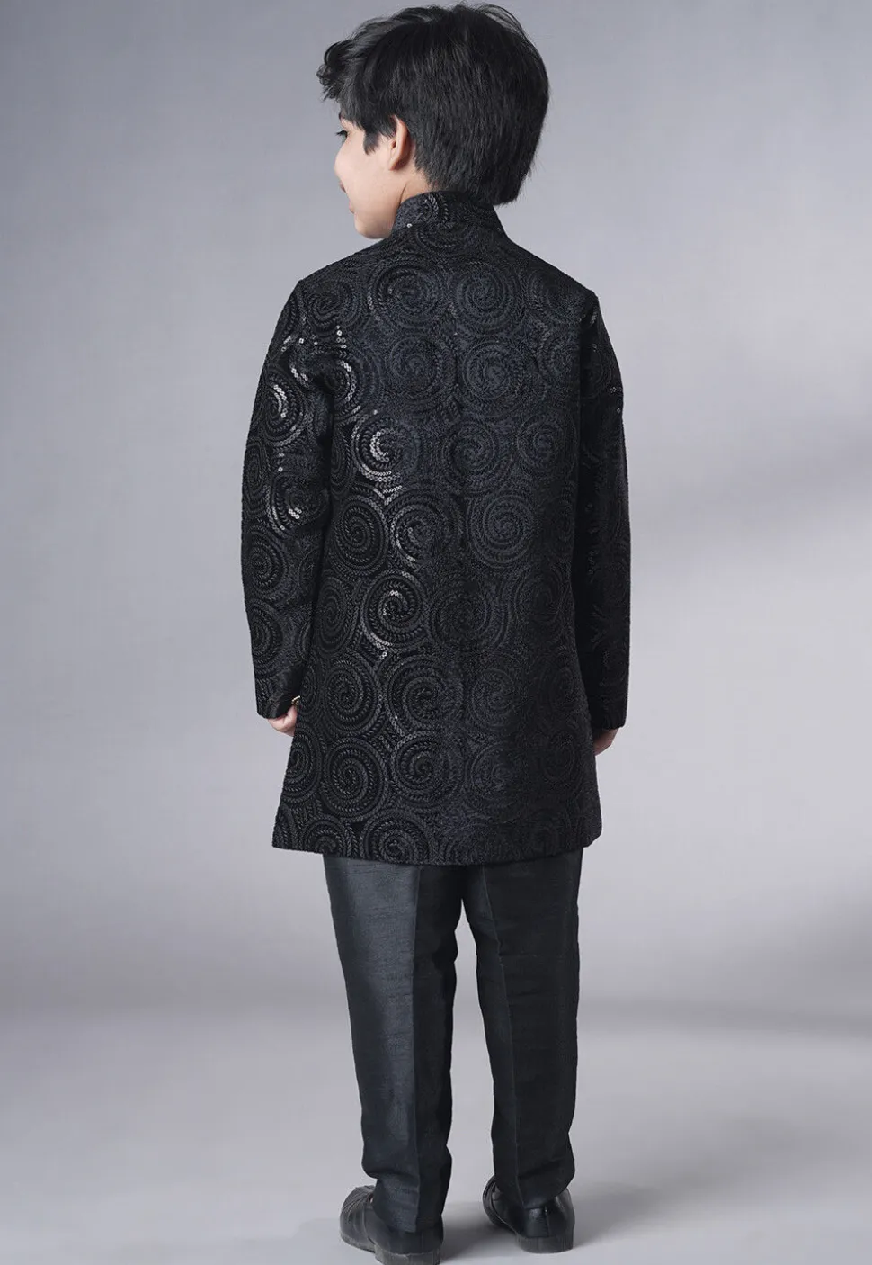Embroidered Velvet Sherwani Set in Black